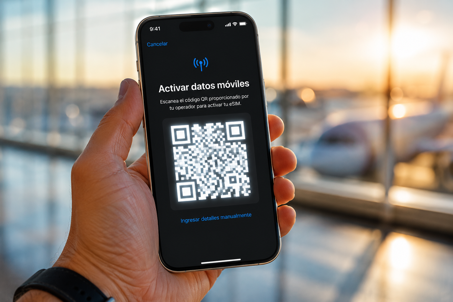 Activación de eSIM escaneando código QR en el aeropuerto